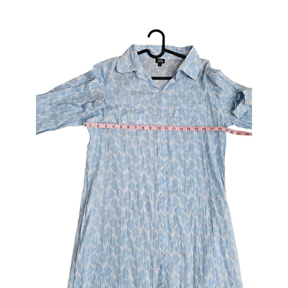 Terre Rouge Women Large Blue White Leaf Print Cotton Shirt Dress European Resort - Picture 7 of 7